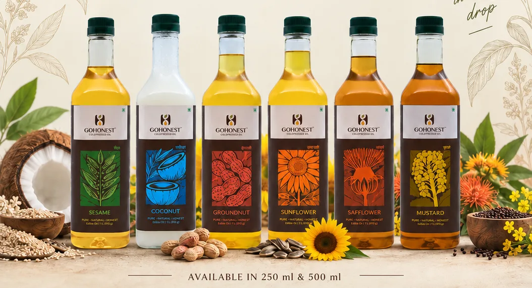 GoHonest cold squeezed oils: sesame, coconut, groundnut, sunflower, safflower and mustard
